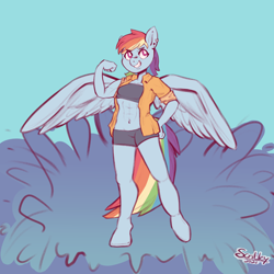 Size: 4048x4048 | Tagged: safe, artist:scribleydoodles, derpibooru import, rainbow dash, anthro, pegasus, unguligrade anthro, abs, belly button, blue background, clothes, ear piercing, earring, female, grin, jewelry, muscles, piercing, shirt, shorts, simple background, smiling, solo, sports bra, sports shorts, summer, water