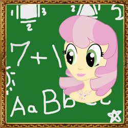 Size: 1920x1920 | Tagged: safe, artist:sarastudly, derpibooru import, cheerilee, human, alternative cutie mark placement, bust, chalkboard, eyelashes, female, humanized, smiling, solo