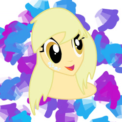 Size: 1440x1440 | Tagged: safe, artist:sarastudly, derpibooru import, derpy hooves, human, :d, abstract background, alternative cutie mark placement, bust, female, humanized, open mouth, smiling, solo