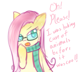 Size: 777x714 | Tagged: safe, artist:pinkcloverprincess, derpibooru import, fluttershy, pegasus, pony, alternate hairstyle, clothes, glasses, hipster, hipstershy, scarf, simple background, solo, talking, white background