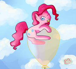 Size: 1500x1358 | Tagged: safe, artist:pinkcloverprincess, derpibooru import, pinkie pie, earth pony, pony, balloon, cloud, female, floating, mare, one eye closed, outdoors, solo, then watch her balloons lift her up to the sky, wink