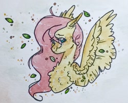 Size: 1096x881 | Tagged: safe, artist:valiaanimation, derpibooru import, fluttershy, pegasus, pony, bust, chest fluff, cute, ear fluff, ears, female, leaf, mare, portrait, shyabetes, solo, spread wings, traditional art, watercolor painting, wings