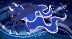 Size: 2800x1500 | Tagged: safe, artist:inspiredpixels, derpibooru import, princess luna, alicorn, pony, crescent moon, crown, ears, female, floppy ears, flying, hoof shoes, jewelry, mare, moon, night, night sky, regalia, sky, solo, spread wings, wings