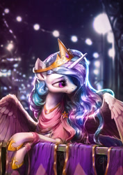 Size: 1702x2400 | Tagged: safe, artist:assasinmonkey, color edit, colorist:xbi, derpibooru import, edit, editor:xbi, princess celestia, alicorn, pony, balcony, beautiful, bedroom eyes, black and white, clothes, colored, dress, female, lidded eyes, mare, scenery, solo, spread wings, wings