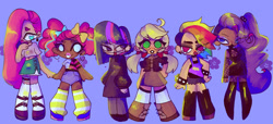 Size: 1280x582 | Tagged: safe, artist:pnktea, derpibooru import, applejack, fluttershy, pinkie pie, rainbow dash, rarity, twilight sparkle, human, alternate hairstyle, boots, clothes, dress, female, glasses, goth, heart eyes, humanized, kneesocks, mane six, midriff, pigtails, purple background, shoes, simple background, skirt, socks, spiked wristband, twintails, wingding eyes, wristband