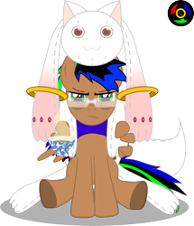 Size: 2197x2553 | Tagged: safe, artist:kyoshyu, derpibooru import, oc, oc:bucolique, incubator (species), pegasus, pony, cup, glasses, kyubey, male, plushie, puella magi madoka magica, simple background, solo, stallion, teacup, transparent background