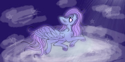 Size: 1263x633 | Tagged: safe, artist:ukulelepineapplecat, derpibooru import, oc, pegasus, pony, cloud, female, looking up, lying down, mare, on a cloud, pegasus oc, prone, wings