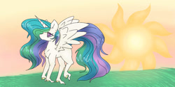 Size: 1263x633 | Tagged: safe, artist:ukulelepineapplecat, derpibooru import, princess celestia, alicorn, pony, female, horn, mare, outdoors, solo, wings