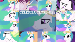 Size: 1280x720 | Tagged: safe, derpibooru import, edit, edited screencap, editor:quoterific, screencap, princess celestia, alicorn, pony, keep calm and flutter on, lesson zero, magical mystery cure, the cutie re-mark, angry, celestia is not amused, close-up, cute, cutelestia, emolestia, female, glowing eyes, glowing horn, horn, solo, unamused