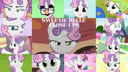 Size: 1280x721 | Tagged: safe, derpibooru import, edit, edited screencap, editor:quoterific, screencap, apple bloom, fluttershy, sweetie belle, pegasus, pony, unicorn, bloom and gloom, one bad apple, season 1, season 3, season 4, season 5, sisterhooves social, stare master, twilight time, apple bloom's bow, bipedal, bow, broom, close-up, cute, diasweetes, female, filly, glasses, hair bow, helmet, offscreen character, open mouth, shocked, solo focus, sweetie belle is not amused, unamused