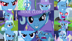 Size: 1280x722 | Tagged: safe, derpibooru import, edit, edited screencap, editor:quoterific, screencap, trixie, pony, unicorn, a horse shoe-in, all bottled up, boast busters, magic duel, no second prances, road to friendship, season 1, season 3, season 6, season 7, season 8, season 9, angry, cape, clothes, evil grin, female, glowing horn, grin, hat, horn, magic, magic aura, sad, smiling, solo, surprised, trixie's cape, trixie's hat