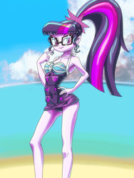 Size: 1668x2224 | Tagged: safe, artist:xjleiu, derpibooru import, sci-twi, twilight sparkle, better together, equestria girls, forgotten friendship, beach, breasts, cleavage, clothes, glasses, hand on hip, one-piece swimsuit, ponytail, sci-twi swimsuit, sleeveless, solo, swimsuit