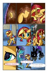 Size: 3589x5426 | Tagged: safe, artist:brella, derpibooru import, princess celestia, sunset shimmer, alicorn, pony, unicorn, comic:crystal war, equestria girls, alternate universe, canterlot, comic, duo, duo female, female, magical mirror, night