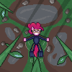 Size: 600x600 | Tagged: safe, artist:nitobit, derpibooru import, part of a set, pinkie pie, earth pony, pony, eyes closed, falling, female, grin, jumping, mare, micro, overhead view, pixel art, plant, puddle, rain, rock, shadow, smiling, solo, water, wetsuit