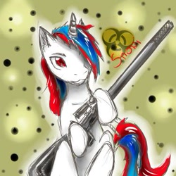 Size: 361x361 | Tagged: safe, artist:xsadi, derpibooru import, oc, oc:snowi, pony, unicorn, fallout equestria, fallout equestria: project horizons, biohazard, biohazard sign, blue hair, fallout, fanfic art, female, horn, looking at you, mare, post-apocalyptic, red and blue, red eyes, red hair, weapon, white pony