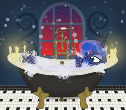 Size: 4323x3782 | Tagged: safe, artist:emu34b, derpibooru import, edit, editor:mega-spark, princess luna, alicorn, pony, bath, bathroom, bathtub, blowing bubbles, bubble, bubble bath, candle, candlelight, claw foot bathtub, faucet, female, foam, lying down, mare, morning, on back, show accurate, shower head, sky, smiling, solo, sunrise, tiled floor, tub, water, window