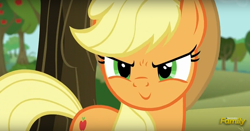 Size: 1246x654 | Tagged: safe, derpibooru import, edit, edited screencap, editor:horsesplease, screencap, applejack, no second prances, >:), adorabolical, cute, evil grin, happy, inverted mouth, smiling, this will end in apples, this will end in pain