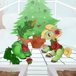 Size: 2000x2000 | Tagged: safe, artist:goshhhh, derpibooru import, oc, oc only, earth pony, pony, unicorn, christmas, christmas tree, flower, flower in hair, flower pot, holiday, present, snow, tree