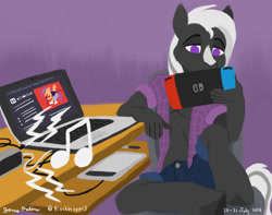 Size: 1024x805 | Tagged: safe, artist:rockhoppr3, derpibooru import, scootaloo, oc, oc:ace hearts, anthro, earth pony, clothes, computer, desk, drawing tablet, laptop computer, lineless, nintendo switch, solo, speaker, unshorn fetlocks