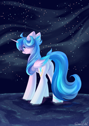 Size: 3000x4237 | Tagged: safe, artist:neonishe, derpibooru import, oc, oc only, oc:neon star, alicorn, pony, alicorn oc, colored wings, cute, female, horn, looking back, mare, solo, stars, wings