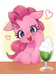 Size: 1200x1600 | Tagged: safe, artist:ayahana, derpibooru import, pinkie pie, earth pony, pony, blushing, cherry, cute, diapinkes, ears, female, floppy ears, food, heart, heart eyes, looking at you, milkshake, mouth hold, solo, wingding eyes