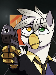 Size: 3000x4000 | Tagged: safe, artist:toanderic, derpibooru import, oc, oc only, oc:diamond storm, griffon, aiming, clothes, cowboy bebop, griffon oc, gun, heterochromia, necktie, suit, talons, weapon