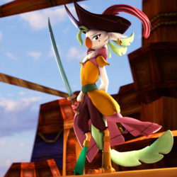 Size: 2049x2049 | Tagged: safe, artist:psfmer, derpibooru import, captain celaeno, anthro, bird, my little pony: the movie, 3d, clothes, dress, looking at you, parrot pirates, pirate, ship, sky, solo, source filmmaker, standing, sword, weapon