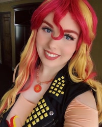 Size: 1440x1800 | Tagged: safe, artist:maddymoiselle, derpibooru import, sunset shimmer, human, equestria girls, clothes, cosplay, costume, irl, irl human, jewelry, looking at you, necklace, photo, smiling, smiling at you