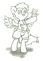 Size: 900x1260 | Tagged: safe, artist:kumakum, derpibooru import, oc, oc:jet lag, pegasus, pony, fallout equestria, bipedal, dancing, digital art, happy, male, plushie, sketch, solo, teddy bear, wholesome