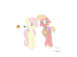 Size: 1280x959 | Tagged: dead source, safe, artist:estrill, derpibooru import, part of a set, big macintosh, fluttershy, earth pony, pegasus, pony, 2013, blushing, colored sketch, ears, female, floppy ears, flower, flower in mouth, fluttermac, looking away, male, mouth hold, shipping, signature, simple background, sketch, straight, white background, wip