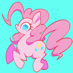 Size: 2036x2048 | Tagged: safe, artist:noupu, derpibooru import, pinkie pie, earth pony, pony, blue background, female, looking at you, mare, profile, simple background, solo