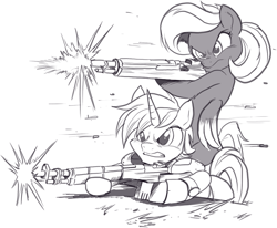 Size: 1191x981 | Tagged: safe, artist:nauyaco, derpibooru import, oc, oc only, pegasus, pony, unicorn, bipedal, duo, female, male, mare, monochrome, weapon