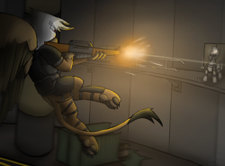 Size: 3800x2800 | Tagged: safe, artist:somber, derpibooru import, oc, oc only, oc:amalia silverwing, griffon, fallout equestria, fallout equestria: longtalons, armor, flying, gun, power armor, steel ranger, weapon