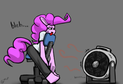 Size: 1000x687 | Tagged: safe, artist:genericmlp, derpibooru import, pinkie pie, anthro, chair, clothes, fan, pants, shirt, solo