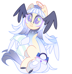 Size: 1300x1350 | Tagged: safe, alternate version, artist:syriskater, derpibooru exclusive, derpibooru import, oc, oc only, oc:saint gloria, angel, angel pony, original species, pegasus, pony, box, coat markings, eyeshadow, female, halo, makeup, mare, medkit, pillow, simple background, solo, transparent background