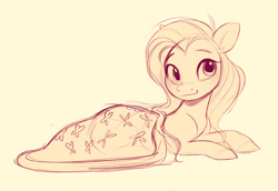 Size: 2340x1607 | Tagged: safe, artist:imalou, derpibooru import, fluttershy, pegasus, blanket, blushing, cute, daaaaaaaaaaaw, female, looking at you, lying down, mare, monochrome, prone, shyabetes, simple background, sketch, smiling