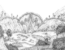 Size: 1400x1073 | Tagged: safe, artist:baron engel, derpibooru import, background, harmonizing heights, monochrome, mount aris, no pony, pencil drawing, scenery, scenery porn, traditional art