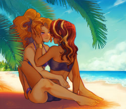 Size: 2200x1900 | Tagged: safe, artist:stummm, derpibooru import, adagio dazzle, sunset shimmer, equestria girls, bare shoulders, barefoot, beach, blushing, bracelet, clothes, feet, female, high res, hug, jewelry, lesbian, looking at each other, ocean, palm tree, shipping, sleeveless, smiling, sunsagio, swimsuit, tree