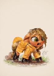 Size: 850x1200 | Tagged: safe, artist:assasinmonkey, derpibooru import, applejack, earth pony, pony, adorable distress, cowboy hat, cute, female, filly, galoshes, hat, jackabetes, mud, open mouth, raincoat, wet, wet mane