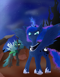 Size: 1637x2113 | Tagged: safe, artist:moonlightrift, derpibooru import, princess luna, queen chrysalis, alicorn, changeling, pony, angry, glowing horn, horn, magic