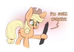Size: 1200x850 | Tagged: safe, artist:heir-of-rick, applejack, earth pony, pony, dialogue, female, freckles, hat, hoof hold, mare, meme, pencil, simple background, solo, stylus, traditional art, white background