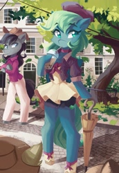 Size: 2821x4096 | Tagged: safe, artist:saxopi, oc, oc only, earth pony, semi-anthro, clothes, commission, duo, equine, fictional species, hasbro, hat, mammal, my little pony, plant, tree, umbrella, ych result