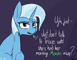 Size: 2280x1780 | Tagged: safe, artist:pinkberry, trixie, pony, unicorn, angry, bags under eyes, cute, diatrixes, eyelashes, female, freckles, horn, madorable, mare, messy mane, monster energy, signature, sitting, speech, talking, talking to viewer, text, third person, tired