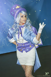 Size: 1365x2048 | Tagged: safe, artist:mieucosplay, artist:xen photography, derpibooru import, trixie, human, bronycon, bronycon 2015, cape, clothes, cosplay, costume, gloves, hand on hip, hat, irl, irl human, photo, trixie's cape, trixie's hat