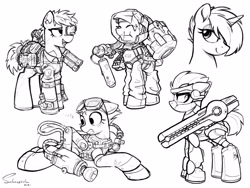 Size: 4000x3000 | Tagged: safe, artist:selenophile, derpibooru import, oc, oc only, pony, robot, robot pony, backpack, clothes, detailed, ears, floppy ears, futuristic, gauss rifle, goggles, hazmat suit, looking back, monochrome, railgun, sketch, technology