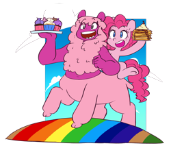 Size: 3271x2820 | Tagged: safe, artist:chub-wub, derpibooru import, pinkie pie, centaur, earth pony, pony, centaurworld, crossover, cupcake, duo, female, food, mare, open mouth, pancakes, plate, rainbow, simple background, transparent background, wammawink