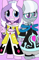 Size: 1336x2048 | Tagged: safe, artist:tenebrousmelancholy, derpibooru import, diamond tiara, silver spoon, anthro, earth pony, unguligrade anthro, belly button, clothes, digital art, dress, duo, female, females only, glasses, holding hands, leggings, simple background, tight clothing