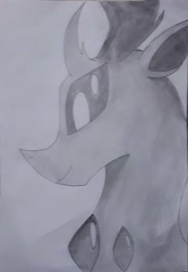 Size: 2184x3160 | Tagged: safe, artist:goldlines005, derpibooru import, thorax, changedling, changeling, bust, curved horn, grayscale, horn, male, monochrome, smiling, solo, traditional art