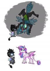 Size: 1191x1716 | Tagged: safe, artist:ukulelepineapplecat, derpibooru import, princess flurry heart, queen chrysalis, oc, oc:libellula, alicorn, changeling, changeling queen, changepony, hybrid, pony, changeling queen oc, comic, female, forked tongue, interspecies offspring, mare, offspring, older, older flurry heart, parent:king sombra, parent:queen chrysalis, parents:chrysombra, simple background, story included, tongue, tongue out, upside down, white background