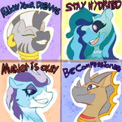 Size: 1300x1300 | Tagged: safe, artist:apatheticxaddict, derpibooru import, idw, crystal (character), dust devil (idw), medley brook, zecora, abada, kelpie, zebra, spoiler:comic, spoiler:comic89, ear piercing, female, horn, meme, multiple horns, nonbinary, one of these things is not like the others, piercing, season 10, text